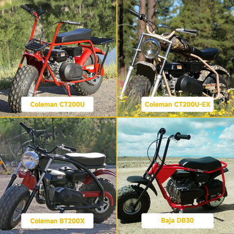 Mini bikes including Coleman CT200U CT200U-EX BT200X and Baja DB30 displayed outdoors