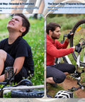 All In One Bike Repair Kit With Waterproof Hard Shell Case Ride Ready Pump Patch Kit And Multi Tool For Road And Mountain Bikes Emergency Roadside Maintenance Essentials showing old and new way of bike repair