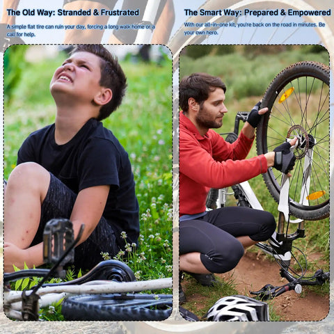 All In One Bike Repair Kit With Waterproof Hard Shell Case Ride Ready Pump Patch Kit And Multi Tool For Road And Mountain Bikes Emergency Roadside Maintenance Essentials showing old and new way of bike repair
