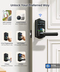 Secure Your Front Door Today With This Plug And Play Wifi Smart Lever Deadbolt That Needs Absolutely No Hub And Delivers Blazing Fast Fingerprint Entry Alongside Full Remote App Control Matte Black displayed on a door with app and voice control features.