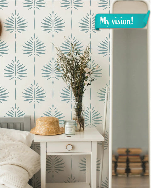 Room with Fern Wall Stencil Set 2 Pack 17 By 22.5 Inches for painting large patterns, featuring a bedside table and decor.