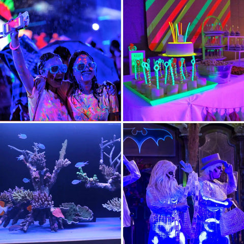 3 Pack 30W LED Black Light Bar With Plug And Switch illuminating a party, body paint, aquarium and decorations, creating a glowing effect.