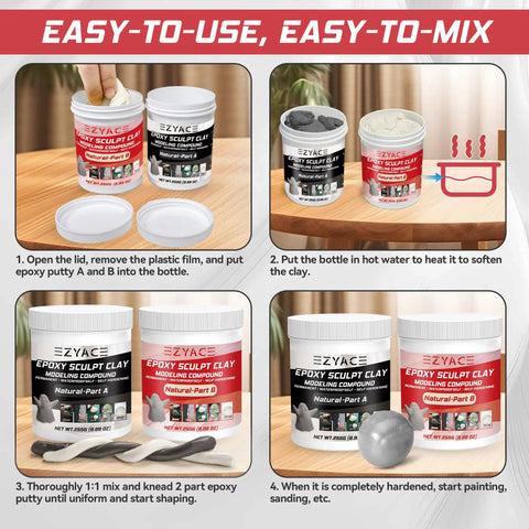 Instructional steps for using Two Part Epoxy Clay Putty For Sculpting Modeling Building And Repairs Great For Restoration And DIY Projects