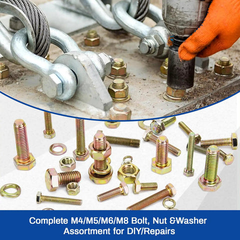 Heavy Duty 1020-Piece Grade 8.8 Metric Bolt Kit With M4 M5 M6 M8 Hex Bolts Nuts And Washers In Yellow Zinc Plating 12-30mm for repairs