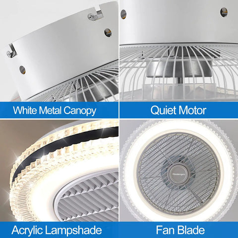 Close-up details of bladeless ceiling fan with lights and remote, 21 inch flush mount design, showcasing quiet copper motor and lampshade.