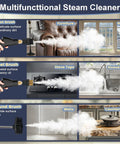 Handheld Steam Cleaner With Fast 15 Second Heat Up, 2500W High Temp Steam Up To 221F, 3 Bar Pressure, 1.4L Tank, Includes 10 Accessories shown on glass, furniture, stovetops, and counters