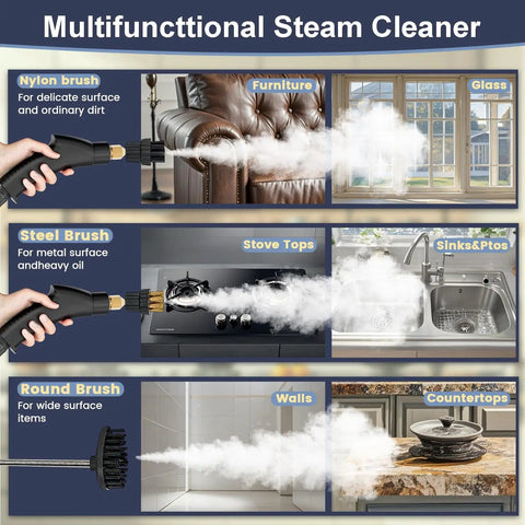 Handheld Steam Cleaner With Fast 15 Second Heat Up, 2500W High Temp Steam Up To 221F, 3 Bar Pressure, 1.4L Tank, Includes 10 Accessories shown on glass, furniture, stovetops, and counters
