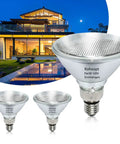 KOFEOPT 2-Pack PAR38 Flood Light Bulbs, 90W 120V Halogen Bulb Dimmable, E26 Base PAR38 Bulb 2700K Warm White for Indoor and Outdoor, showcasing two bulbs near a modern home.