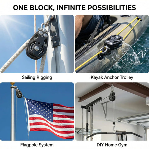 35mm Beefy Sail Block With Swivel Shackle And Ball Bearing Pulley on sailboat, kayak, flagpole, and home gym rigging