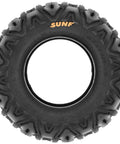 Top view of All Terrain UTV Tire Set 27x9-12 Front And 27x11-12 Rear Tubeless 6 Ply A033 Durable ATV Tires showing beefy tread.