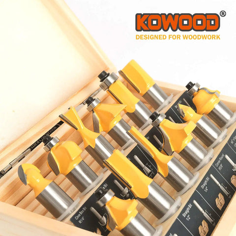 Durable Carbide Router Bit Set With Anti Kickback, 12 Pieces, Half Inch Shanks, Woodworking Tools For DIY Newbies in open wooden box