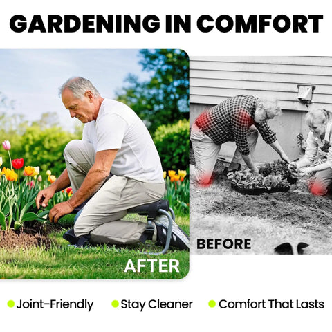 Man gardening with Garden Kneeler Seat With Adjustable Height And Angle, Thick Kneeling Pad And Cushioned Seat, No Back Pain Ergonomic Joint Protection For Gardeners And DIYers, Durable Carbon Black