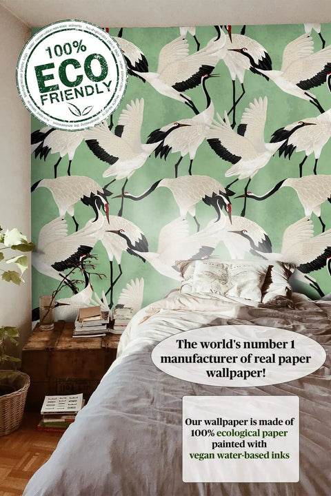 Eco-friendly bedroom design with removable green white Japanese herons modern wallpaper for living rooms and home decor.