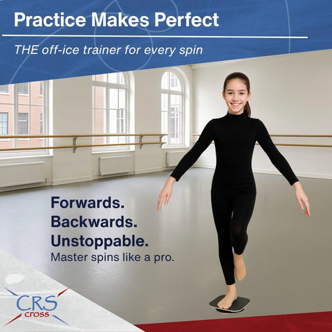 CRS Cross Figure Skating Spinner training aid on flat studio floor; metal 8-inch spin trainer.