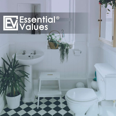Bathroom scene with a white toilet and black-and-white checkered floor, representing product use for toilet repair.