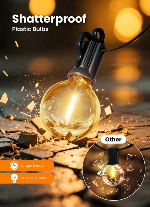 100 Feet Outdoor String Lights With 50 LED G40 Bulbs Plus 2 Spares Shatterproof Waterproof Connectable Up To 14 Strands
