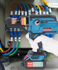 Electric Hydraulic Cable Lug Crimping Tool Kit For 12 AWG To 2/0 AWG Terminals, Battery Powered Crimper With 20 Dies in use