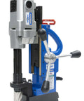 Hougen HMD904 115-Volt magnetic drill; blue body with silver motor, black base, and red handle