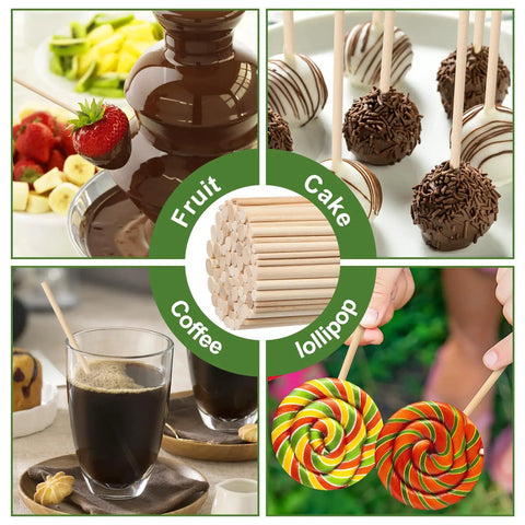 100 Piece Solid Wood Dowel Rods Assortment With 1/8 3/16 1/4 5/16 3/8 Inch Diameter By 6 Inch Length used for holding fruits and treats.