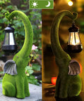Super Cool Outdoor Elephant Garden Statue Resin With Solar Light For Yard Patio Balcony And Lawn Decor Friendly Grey Tone Happy Face Trunk Up Brings Good Luck Vibes Perfect For Fathers Day Gifts Ornament Figurine Fifteen Inches in day and night view