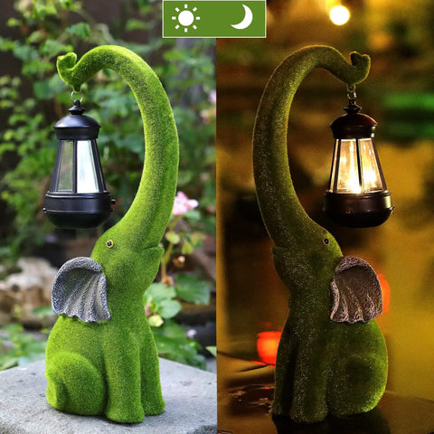 Super Cool Outdoor Elephant Garden Statue Resin With Solar Light For Yard Patio Balcony And Lawn Decor Friendly Grey Tone Happy Face Trunk Up Brings Good Luck Vibes Perfect For Fathers Day Gifts Ornament Figurine Fifteen Inches in day and night view