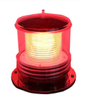 Red solar dock warning light with 360 degree LED, waterproof and auto dusk on, mounted on heavy duty ABS for safe night navigation.