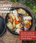 Preseasoned 10 Inch Cast Iron Dutch Oven With Lid For Outdoor Cooking, 4 Qt Capacity filled with vegetables and chicken.
