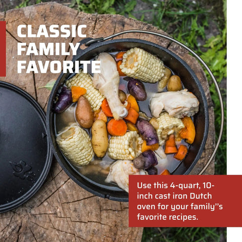 Preseasoned 10 Inch Cast Iron Dutch Oven With Lid For Outdoor Cooking, 4 Qt Capacity filled with vegetables and chicken.