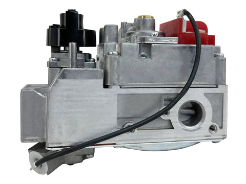 Durablow DV970A-LP millivolt gas valve assembly; silver metal body with black knob and red actuator, 3/8 in inlet/outlet