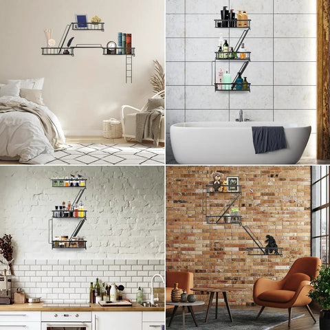 Built Tight Three Tier Fire Escape Wall Shelf In Matte Black For Bedroom Living Room Or Dorm Decor Heavy Duty Ladder Shelf with decor items displayed