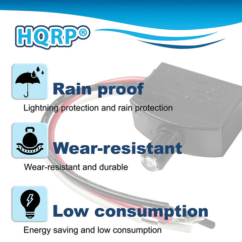 Two Pack Dusk To Dawn Photoelectric Sensor Switch For Indoor Outdoor Lights, highlighting features like rainproof and wear resistance.
