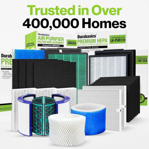 Assortment of air purifier filters for Honeywell HPA300, including 8 Pack Activated Carbon Pre Filters, with various sizes and types.
