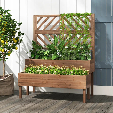 Raised Garden Bed With Trellis And Two Planter Boxes 2 Tier Outdoor Wooden Elevated Planter Box With Legs And Drainage Holes Built To Last From Durable Fir Wood For Flowers Herbs Vegetables And Fruits Brown filled with plants
