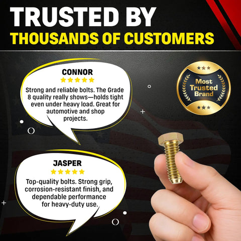 Heavy Duty 1/4-20 X 1 Inch Grade 8 Hex Head Bolt Quenched Tempered Alloy Steel design held in hand with customer testimonials.