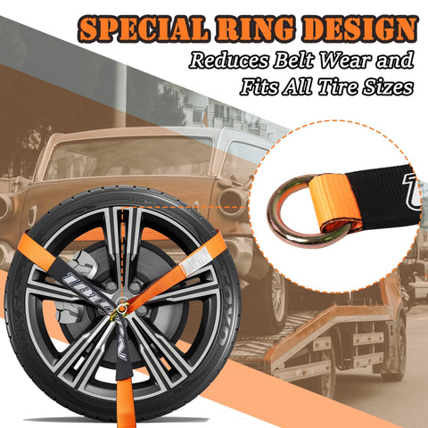 Four Pack 2 Inch by 96 Inch Orange Car Tie Down Straps for Trailers With Heavy Duty Chain Anchors, special ring design
