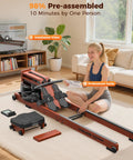 Woman assembling Water Rowing Machine For Home Gym With Foldable Wooden Frame 400 Lb Capacity in living room