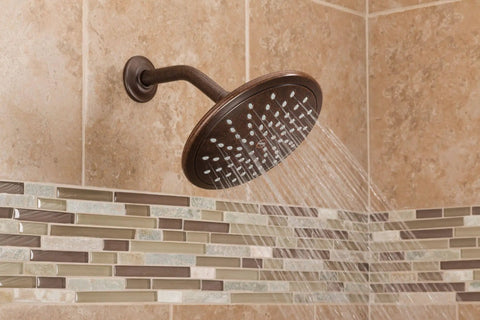 Oil Rubbed Bronze Bathroom Rain Showerhead, 8 Inch Fixed Rainfall Shower Head With One Half Inch IPS Connection, Easy Install, Spa Like Waterfall Spray, Model 6345ORB installed in a tiled shower