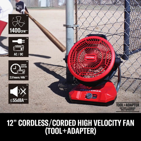 V20 Max Cordless 12 Inch Portable Fan With Dual Power Battery Or AC, 1400 CFM, in outdoor setting near a baseball field.
