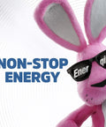 Energizer pink bunny mascot wearing sunglasses promoting non-stop energy against a dynamic background.