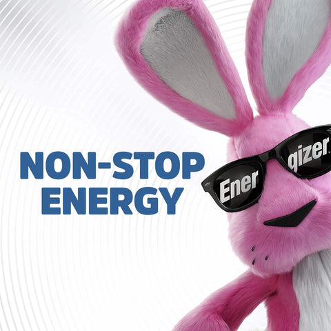 Energizer pink bunny mascot wearing sunglasses promoting non-stop energy against a dynamic background.