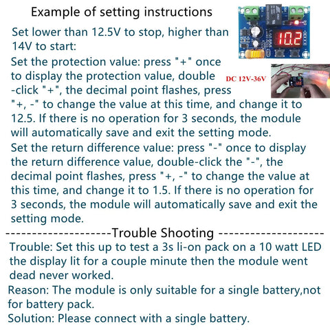 Image of setting instructions for 2 Pack 12V To 36V DC Voltage Protection Module, includes module photo with LED display showing 10.2V