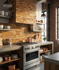 EZ-Wall 3D Teak Mosaic Tiles Mesh-Backed Wall Panels Natural Finish DIY Install Set Of 10 Tiles Each 21.5 X 8.25 Inches Depth 1/2 To 3/4 Inch Covers About 40 X 46 Inches Warm Rustic Teak Look in kitchen with modern stove