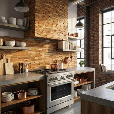 EZ-Wall 3D Teak Mosaic Tiles Mesh-Backed Wall Panels Natural Finish DIY Install Set Of 10 Tiles Each 21.5 X 8.25 Inches Depth 1/2 To 3/4 Inch Covers About 40 X 46 Inches Warm Rustic Teak Look in kitchen with modern stove