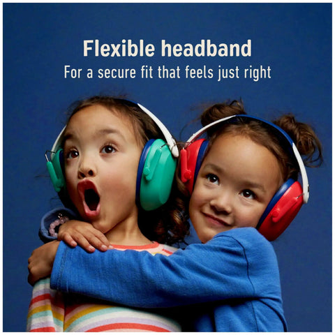 Kids Hearing Protection With Adjustable Headband, 22 dB NRR, Quiet Time While Studying, Awesome For Concerts And Events, Fireworks, Indoor And Outdoor Use, Red Color, Comfortable Fit For Small Ears, two children wearing earmuffs