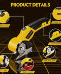 Heavy Duty Cordless Electric Box Cutter With Premium SK5 Blades Powers Through Cardboard Carpet And Fabric No Sweat Features LED Work Light and Secure Safety Lock Aluminum Body close-up showing safety lock and LED light.