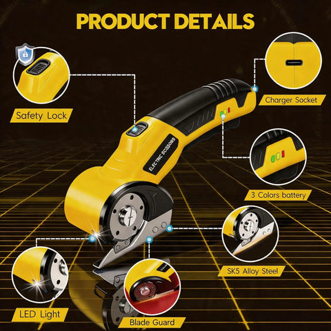 Heavy Duty Cordless Electric Box Cutter With Premium SK5 Blades Powers Through Cardboard Carpet And Fabric No Sweat Features LED Work Light and Secure Safety Lock Aluminum Body close-up showing safety lock and LED light.