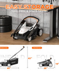16 Inch Cordless Lawn Mower With Dual 20V 4.0Ah Batteries, Brushless Motor, Ultra Lightweight Yard Buddy, 6-Position Height Adjustment, Includes 2x 4.0Ah Batteries and Charger, Easy Start For Fast, Clean Cuts In Small To Medium Yards. Folded storage view in garage