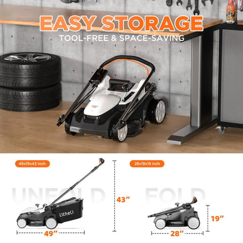 16 Inch Cordless Lawn Mower With Dual 20V 4.0Ah Batteries, Brushless Motor, Ultra Lightweight Yard Buddy, 6-Position Height Adjustment, Includes 2x 4.0Ah Batteries and Charger, Easy Start For Fast, Clean Cuts In Small To Medium Yards. Folded storage view in garage