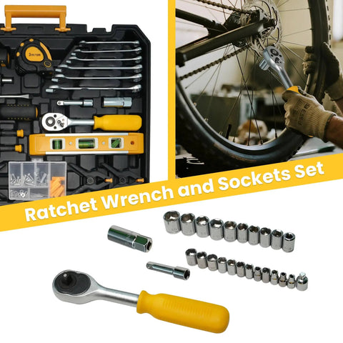 All In One 168 Piece Tool Set with Screwdrivers, Ratchet Wrenches, Socket Wrenches, Hand Saw, and Hammer in case, in use on bike