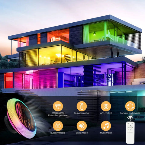 Bladeless Ceiling Fan With Lights And Bluetooth Speaker Dope 6 Speed Remote Control RGB Color Lighting Enclosed Low Profile Flush Mount Ceiling Fan For Kids Bedroom Chill Modern Ceiling Fan For Boys And Girls with icon features.